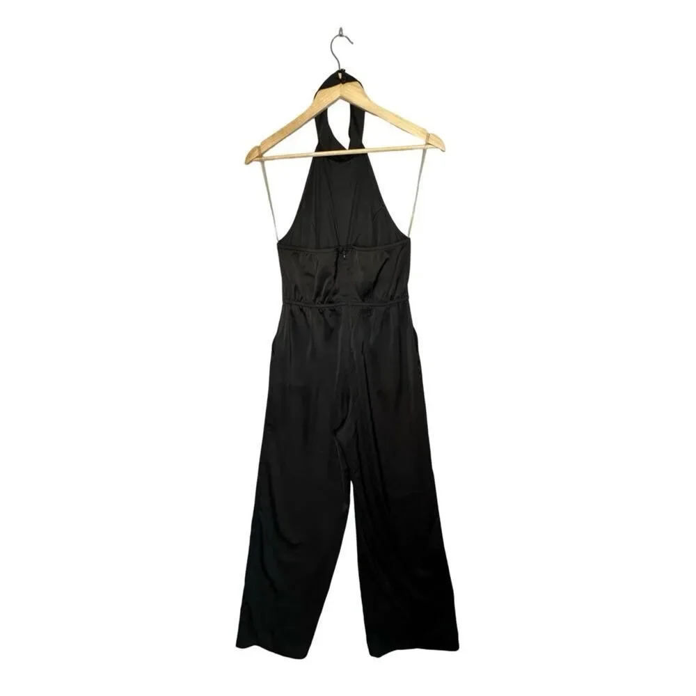 ROKOKO Black Satin-Style Halter Neck Jumpsuit Wide Legged Silhouette Size Small